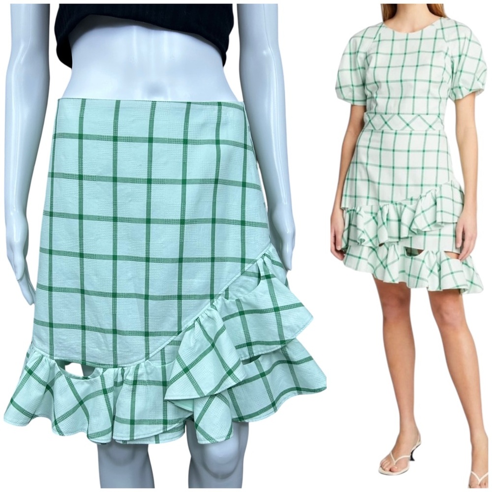 Milly Mackenzie Asymmetrical Ruffle Skirt Size 6 Windowpane Check Cottagecore